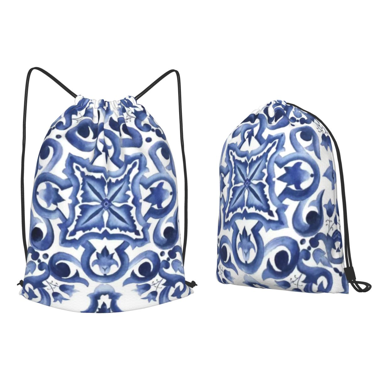 Tile Bag Drawstring - Blue Ornate Floral Mediterranean Sicilian Tile