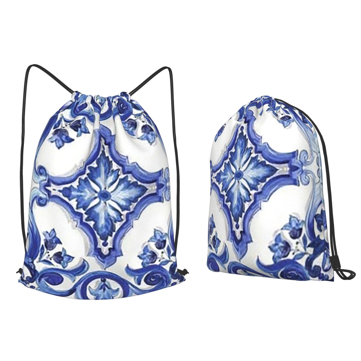 Tile Bag Drawstring - Blue Ornate Floral Mediterranean Sicilian Tile