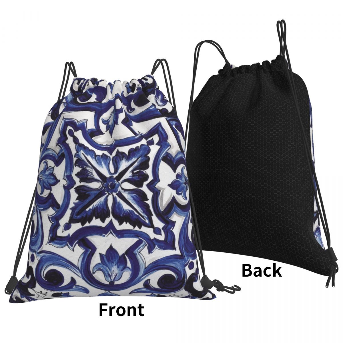 Tile Bag Drawstring - Blue Ornate Floral Mediterranean Sicilian Tile