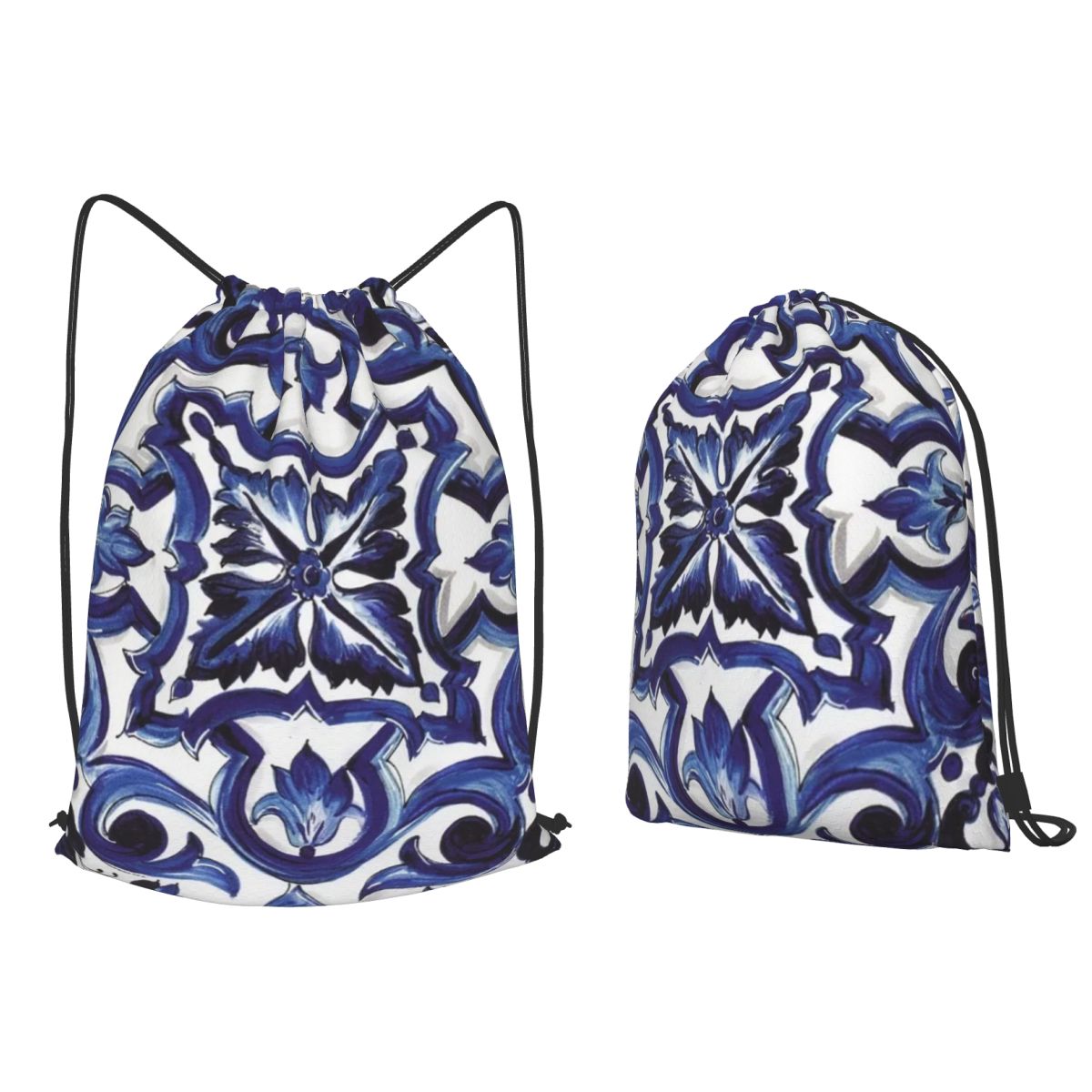 Tile Bag Drawstring - Blue Ornate Floral Mediterranean Sicilian Tile