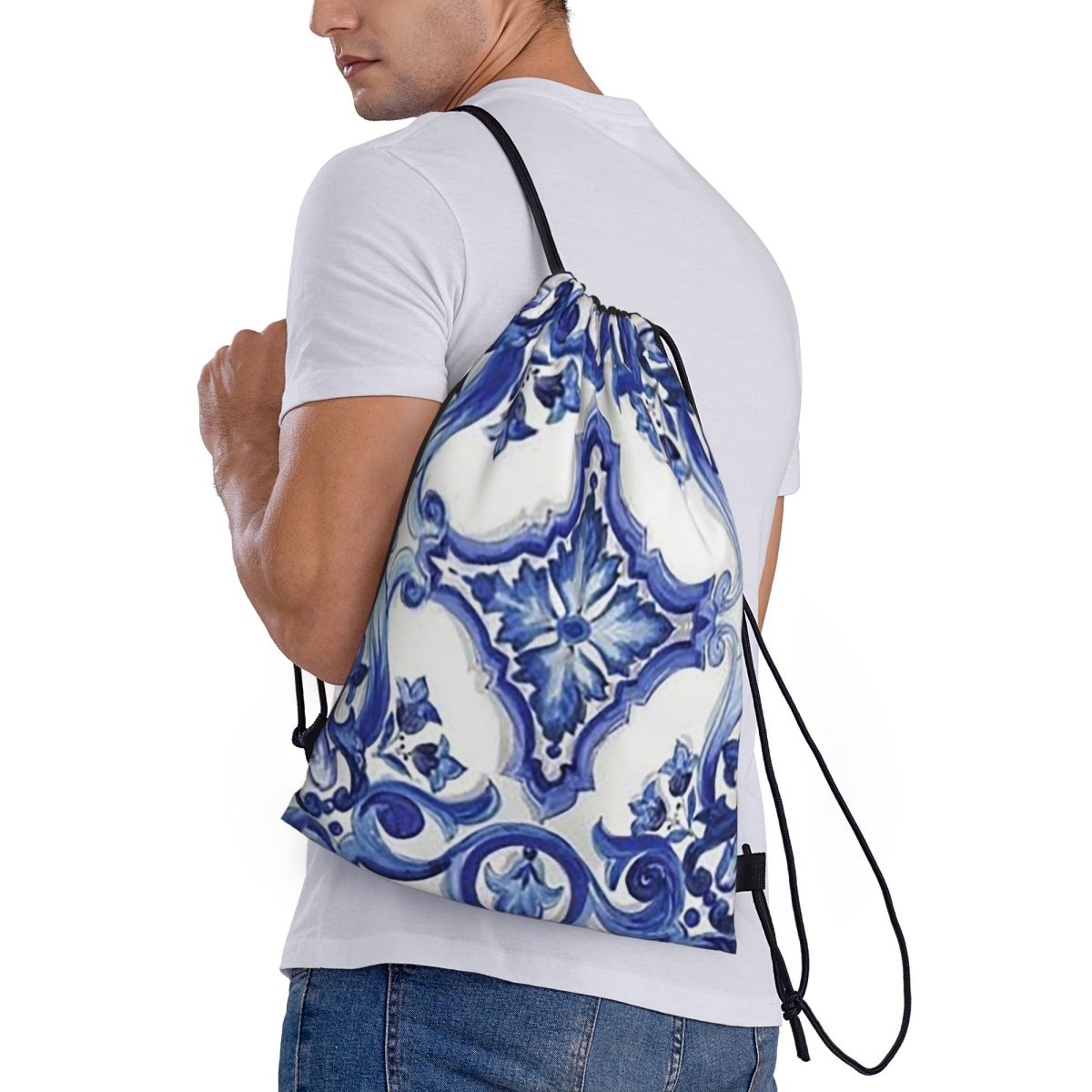 Tile Bag Drawstring - Blue Ornate Floral Mediterranean Sicilian Tile