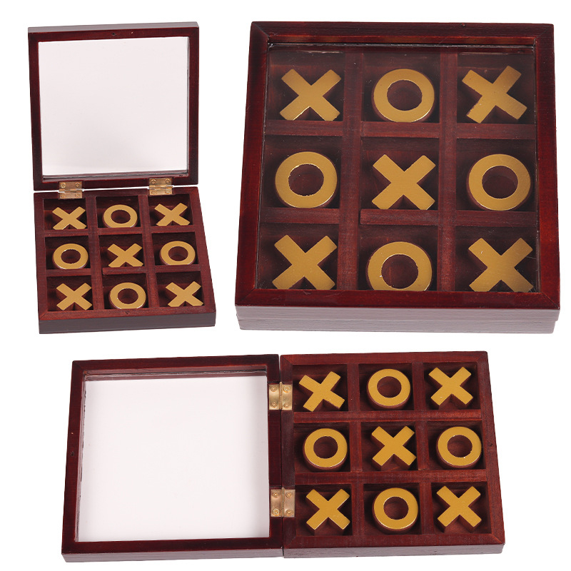 Chess Set Wooden - Funny Tic Tac Toe Chessboard Family