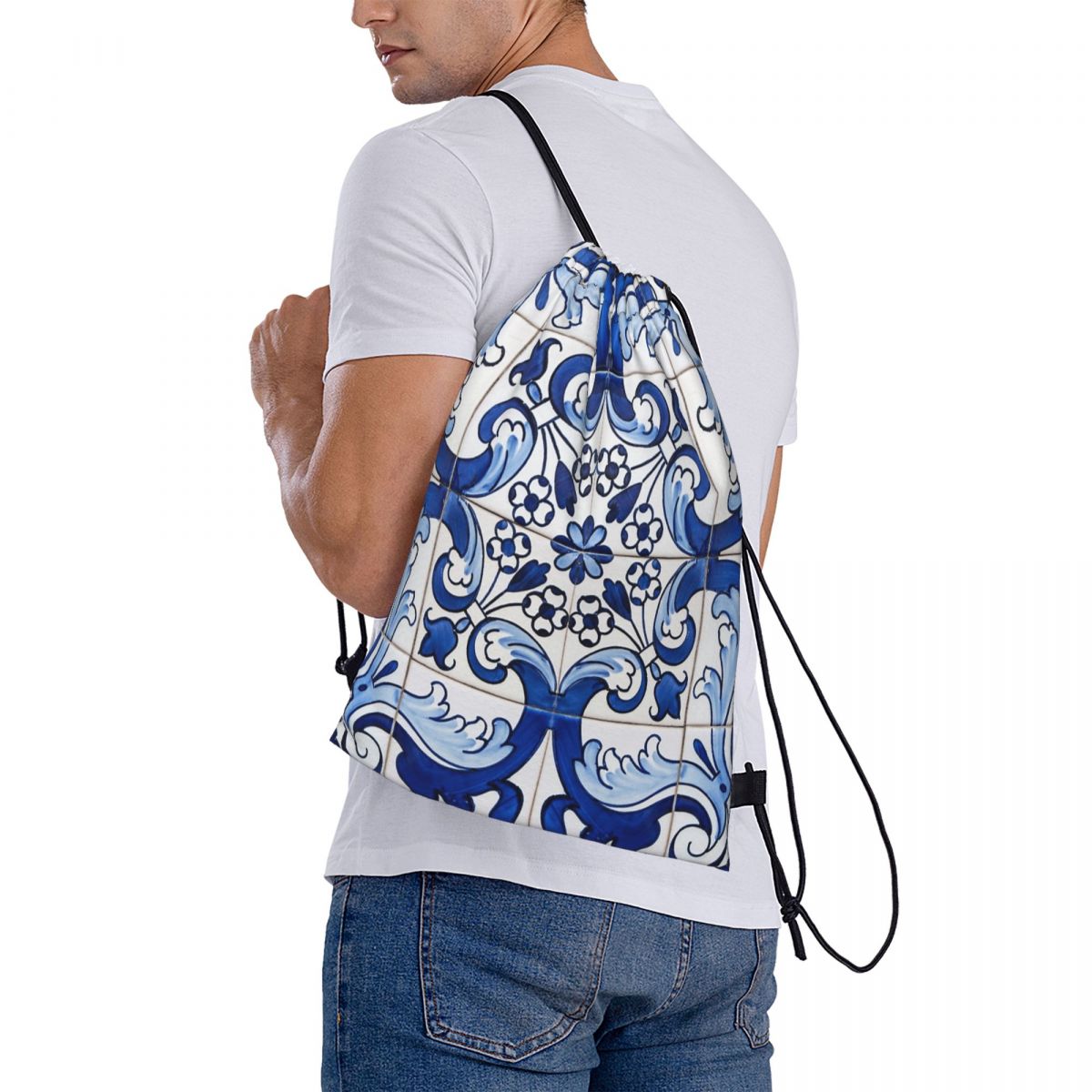 Tile Bag Drawstring - Antique Classic Lisbon Blue Azulejo Tile