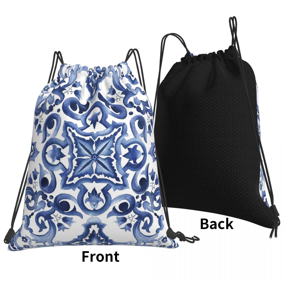 Tile Bag Drawstring - Blue Ornate Floral Mediterranean Sicilian Tile