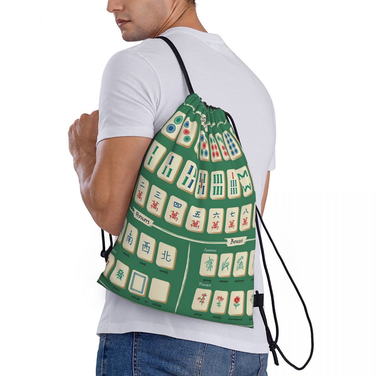 Tile Bag Drawstring - Mahjong Tile Pattern Backpacks Portable Drawstring