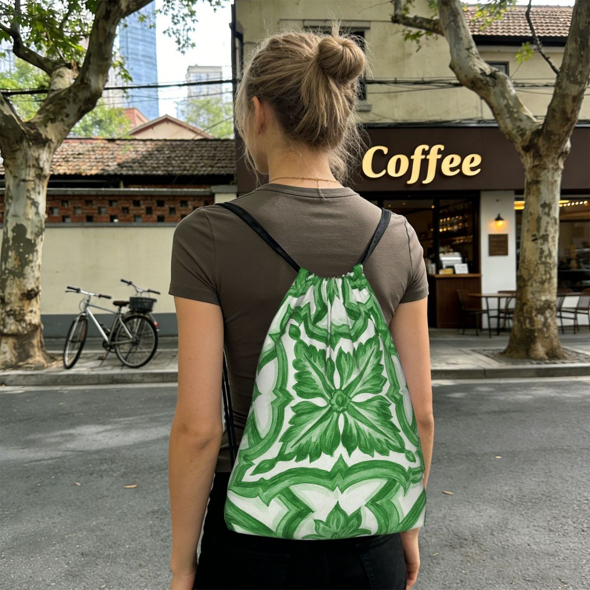 Tile Bag Drawstring - Green Ornate Floral Mediterranean Sicilian Tile