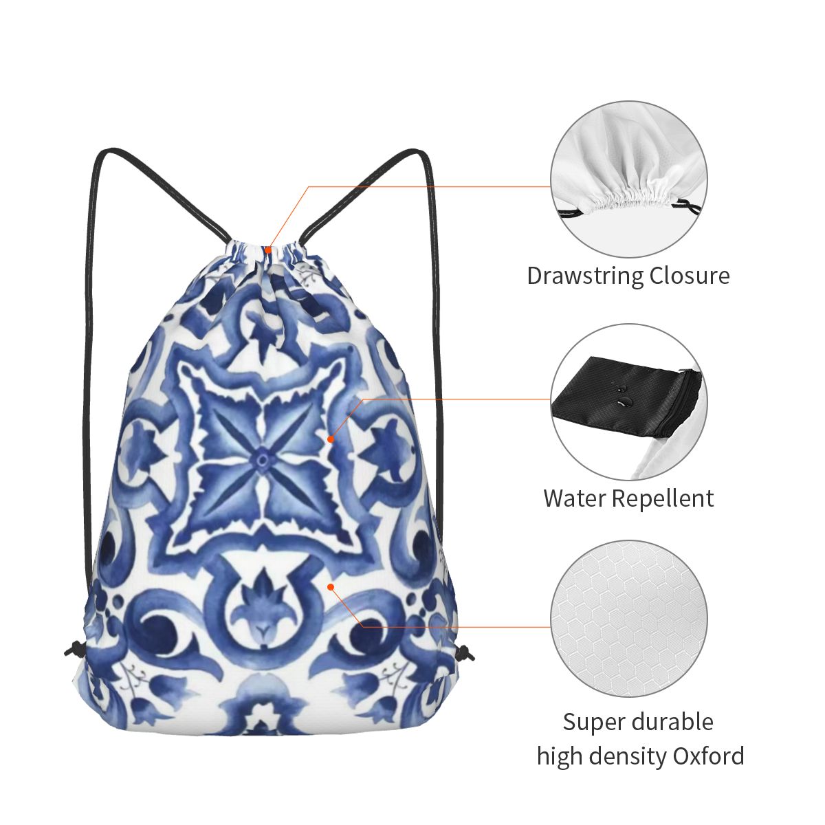 Blue Ornate Floral Mediterrane - Tile Bag Drawstring recension och pris