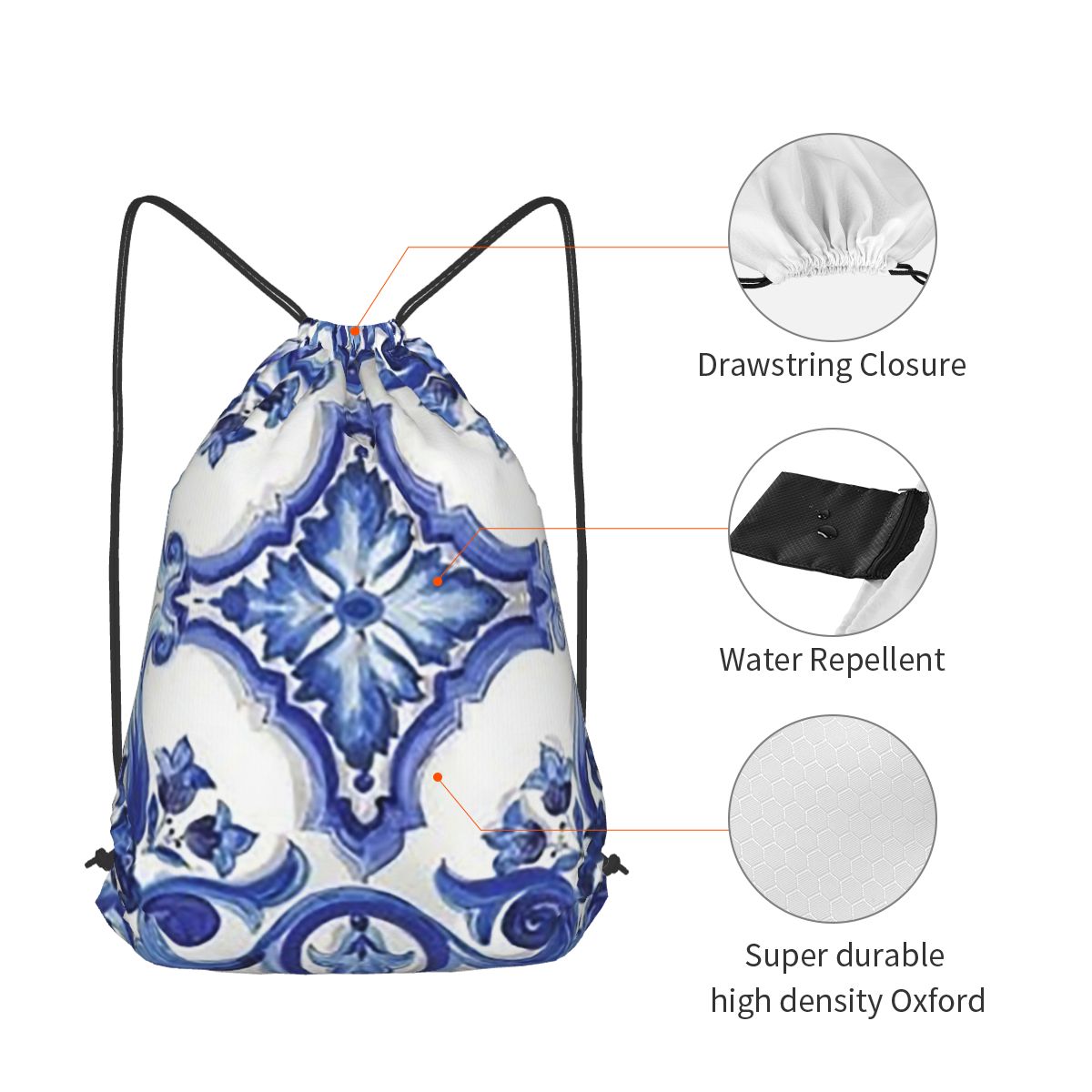 Blue Ornate Floral Mediterrane - Tile Bag Drawstring recension och pris