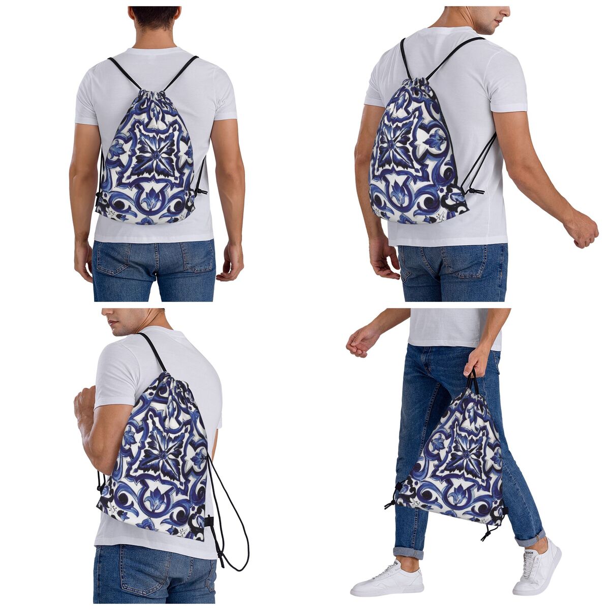 Blue Ornate Floral Mediterrane - Tile Bag Drawstring recension och pris