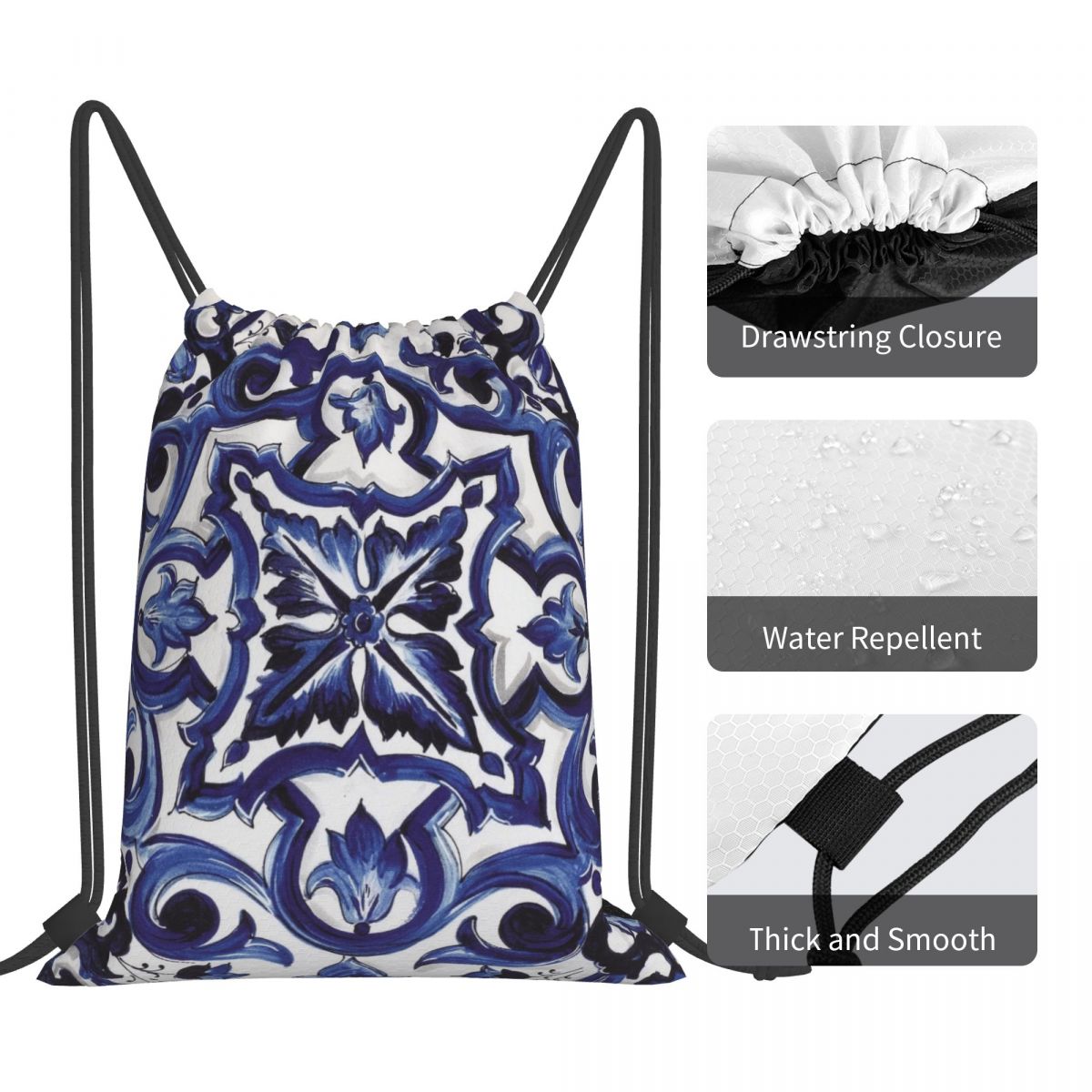 Blue Ornate Floral Mediterrane - Tile Bag Drawstring recension och pris