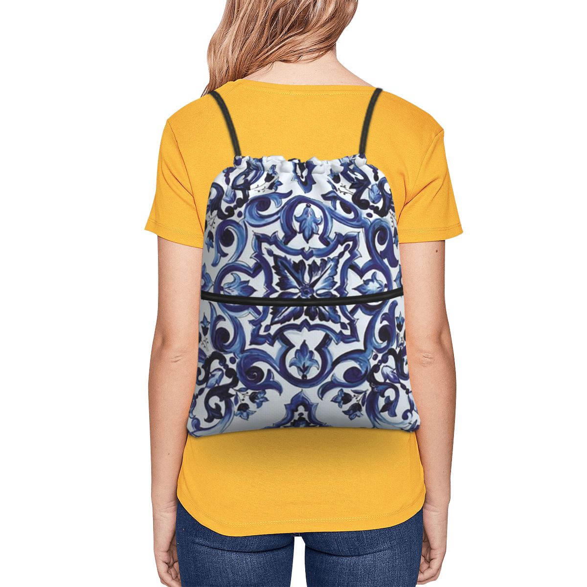 Blue Ornate Floral Mediterrane - Tile Bag Drawstring recension och pris