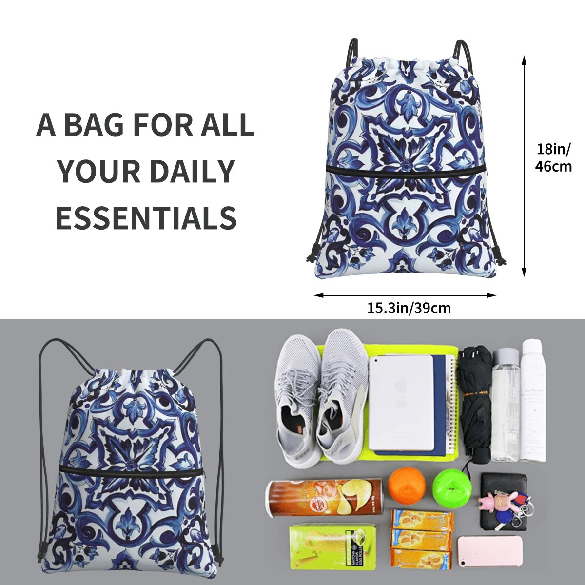 Blue Ornate Floral Mediterrane - Tile Bag Drawstring recension och pris
