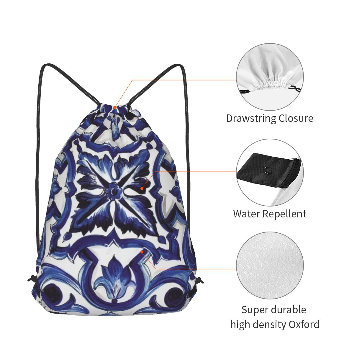 Blue Ornate Floral Mediterrane - Tile Bag Drawstring recension och pris