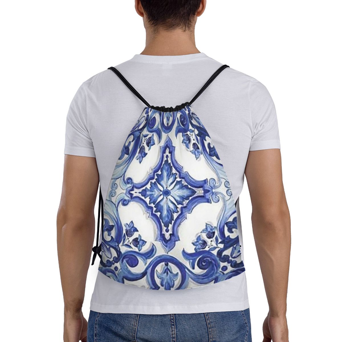 Blue Ornate Floral Mediterrane - Tile Bag Drawstring recension och pris