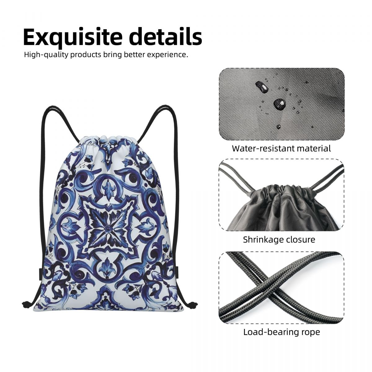 Blue Ornate Floral Mediterrane - Tile Bag Drawstring recension och pris