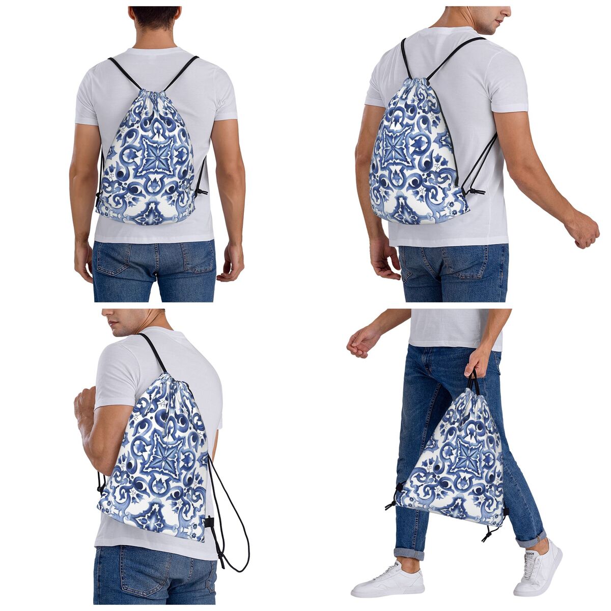 Blue Ornate Floral Mediterrane - Tile Bag Drawstring recension och pris
