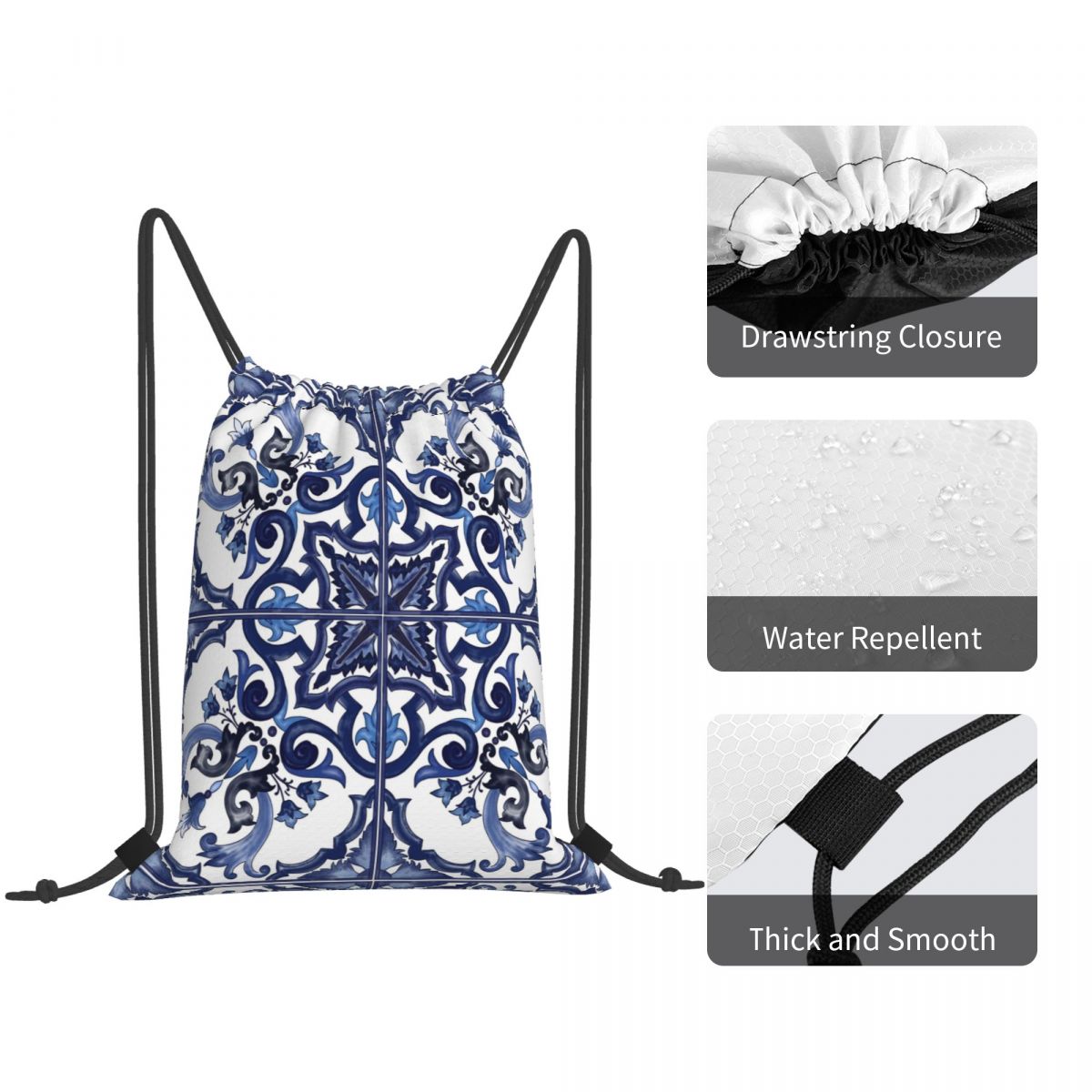 Blue Ornate Floral Mediterrane - Tile Bag Drawstring recension och pris