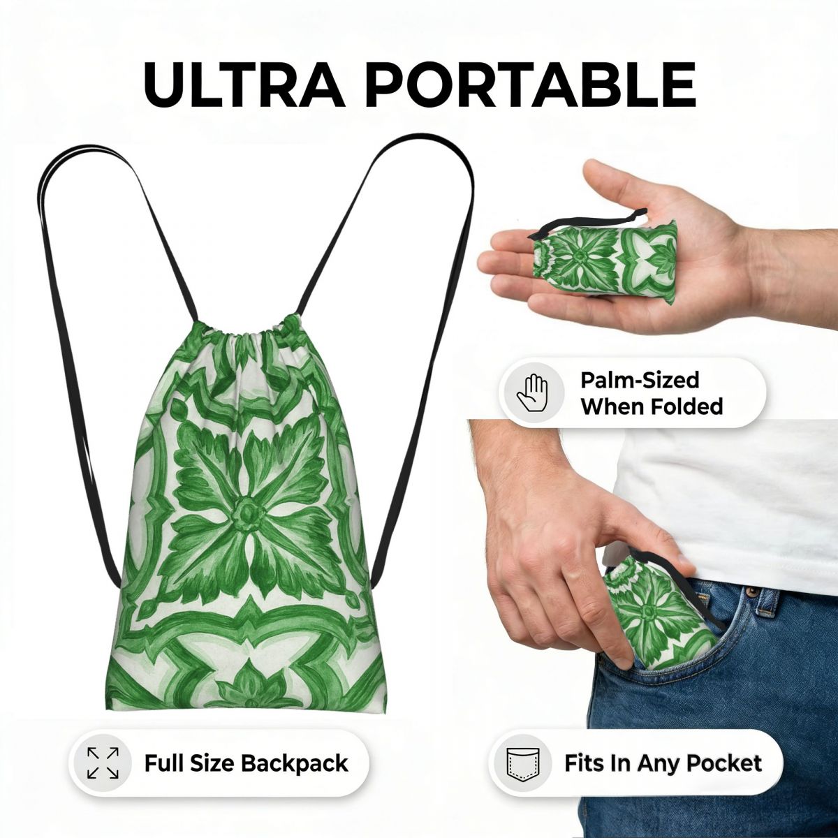 Green Ornate Floral Mediterran - Tile Bag Drawstring recension och pris